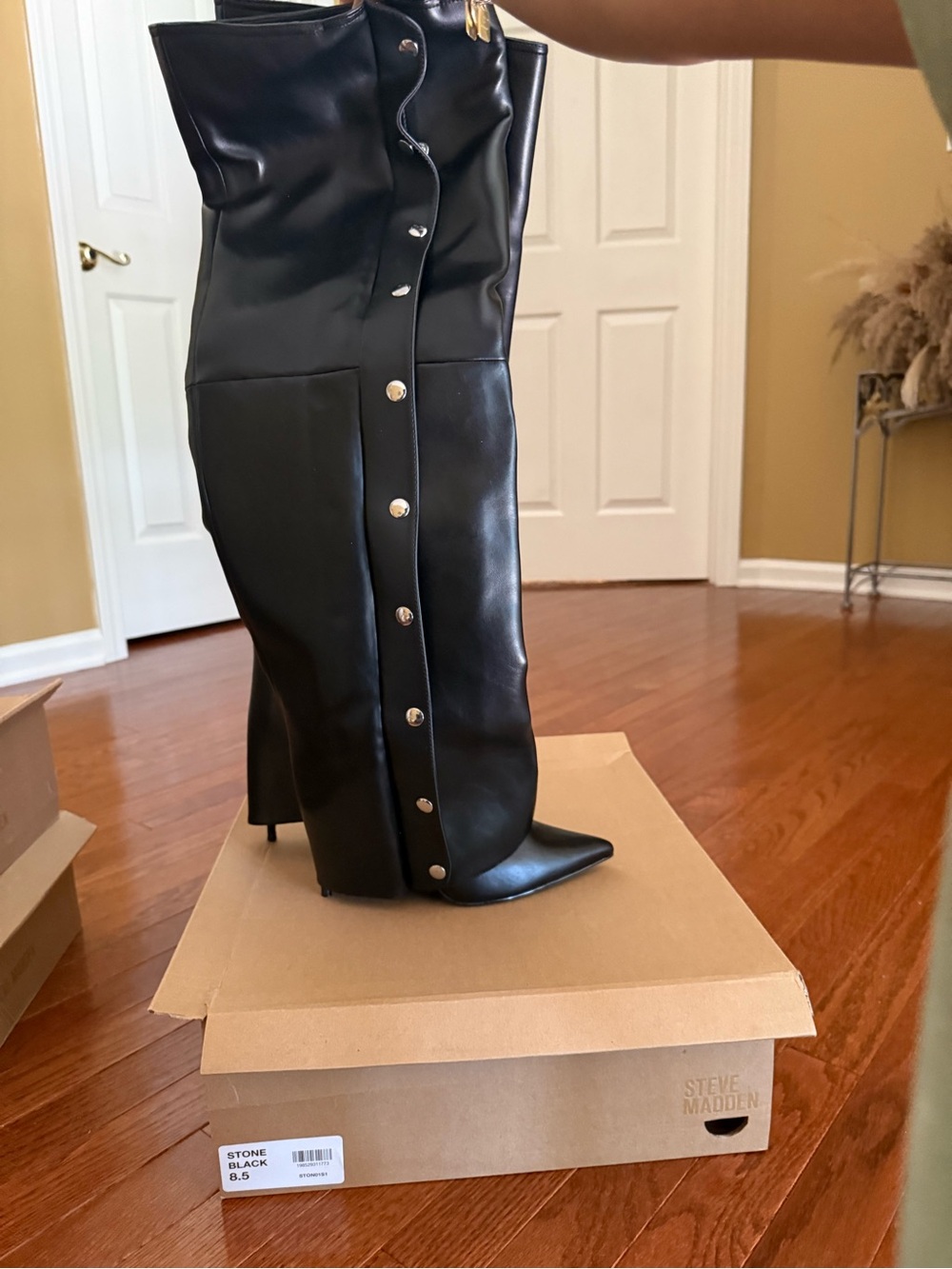 Steve Madden Black Leather Snap-Front Knee-High Heeled Boots